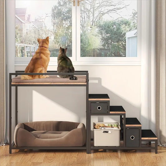 Pet Bunk Bed with Stairs and Storage