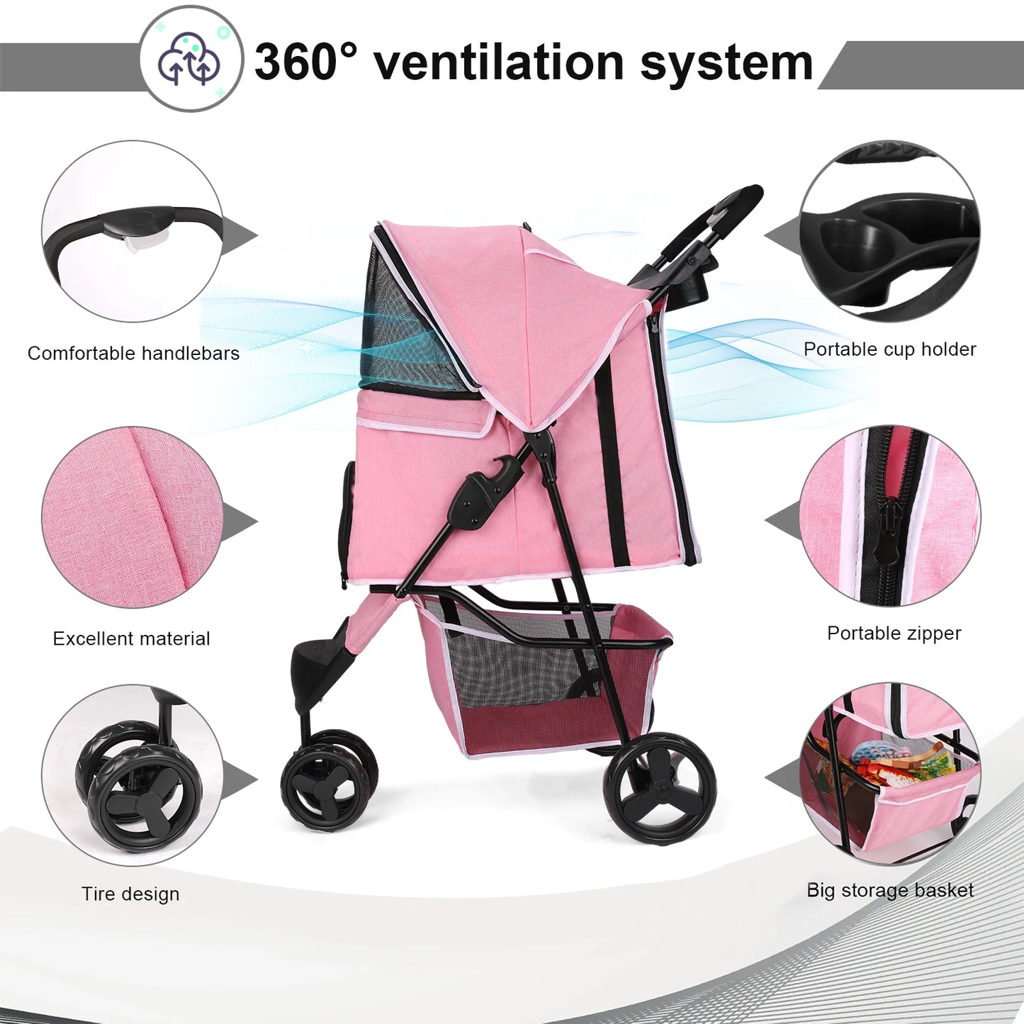 Three-Wheel Folding Pet Stroller with Storage Basket