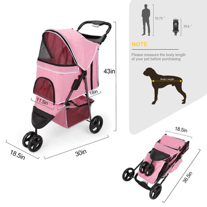 Three-Wheel Folding Pet Stroller with Storage Basket