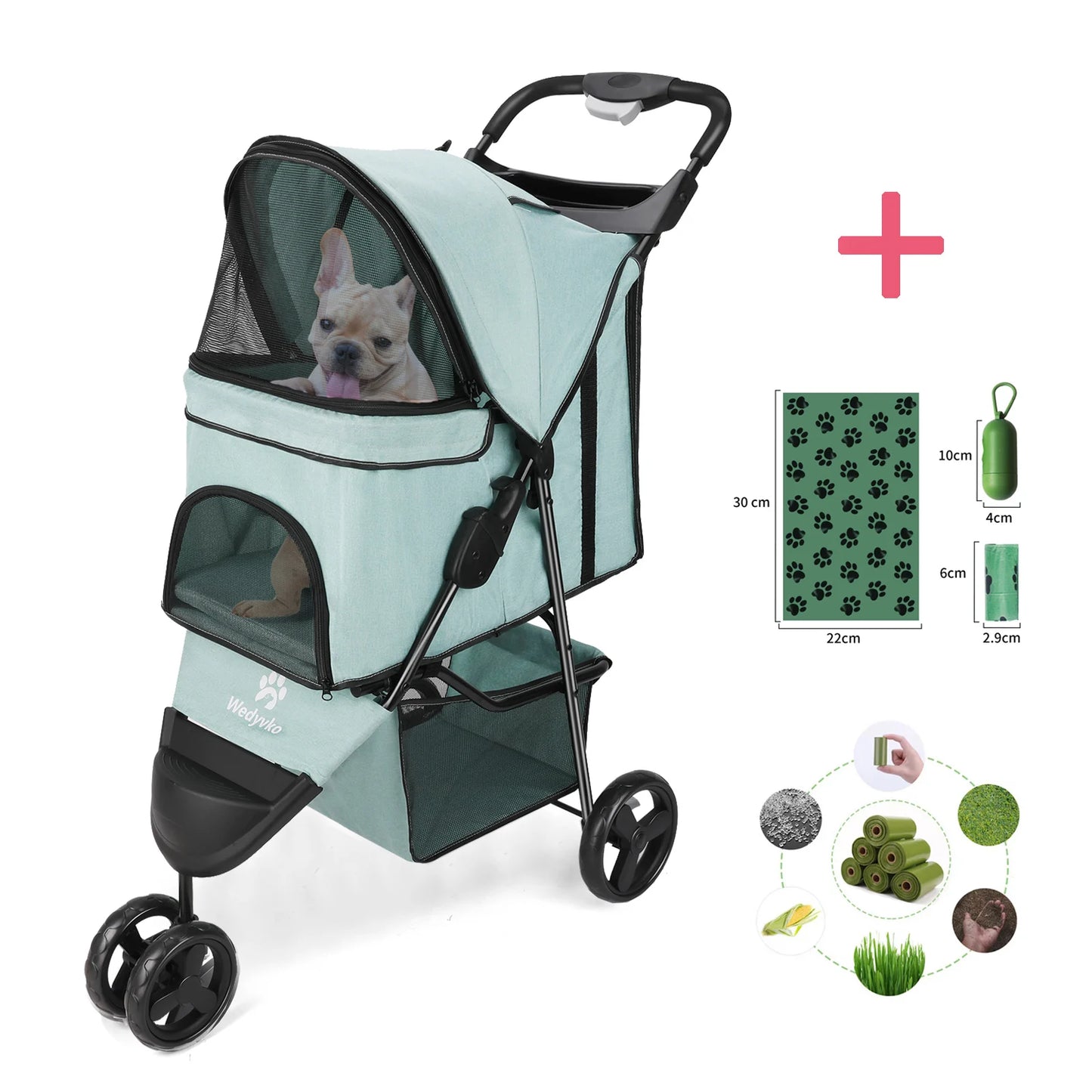Three-Wheel Folding Pet Stroller with Storage Basket