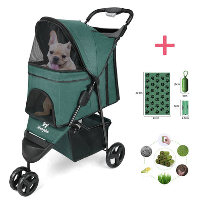 Three-Wheel Folding Pet Stroller with Storage Basket