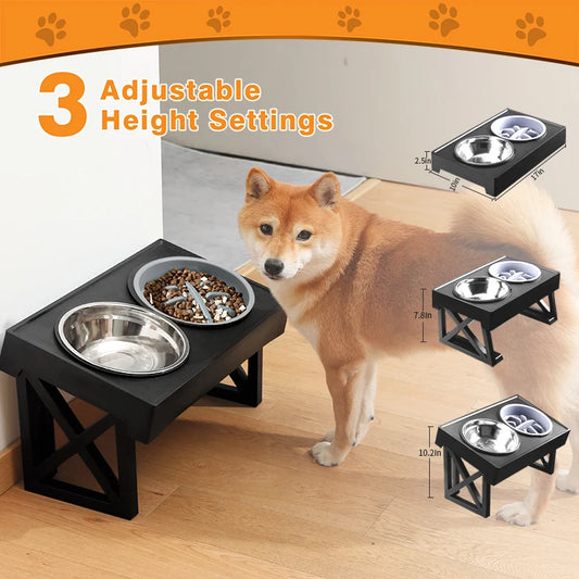 Slow-Feeder Elevated Dog Bowls -- Several Adjustable Heights