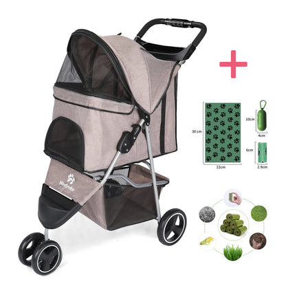 Three-Wheel Folding Pet Stroller with Storage Basket
