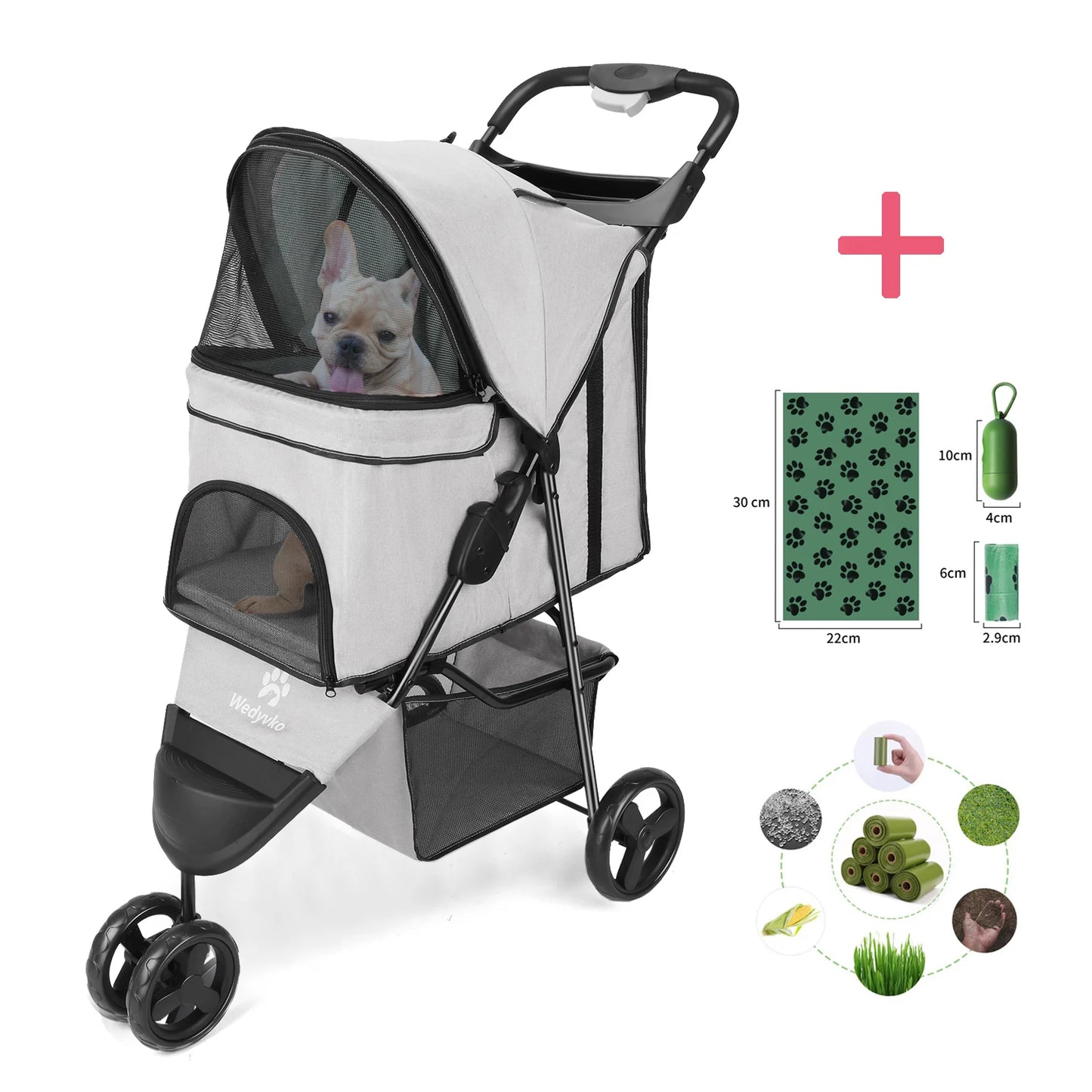 Three-Wheel Folding Pet Stroller with Storage Basket
