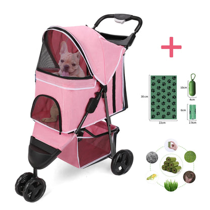 Three-Wheel Folding Pet Stroller with Storage Basket