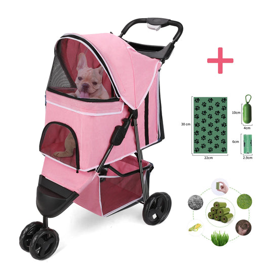 Three-Wheel Folding Pet Stroller with Storage Basket