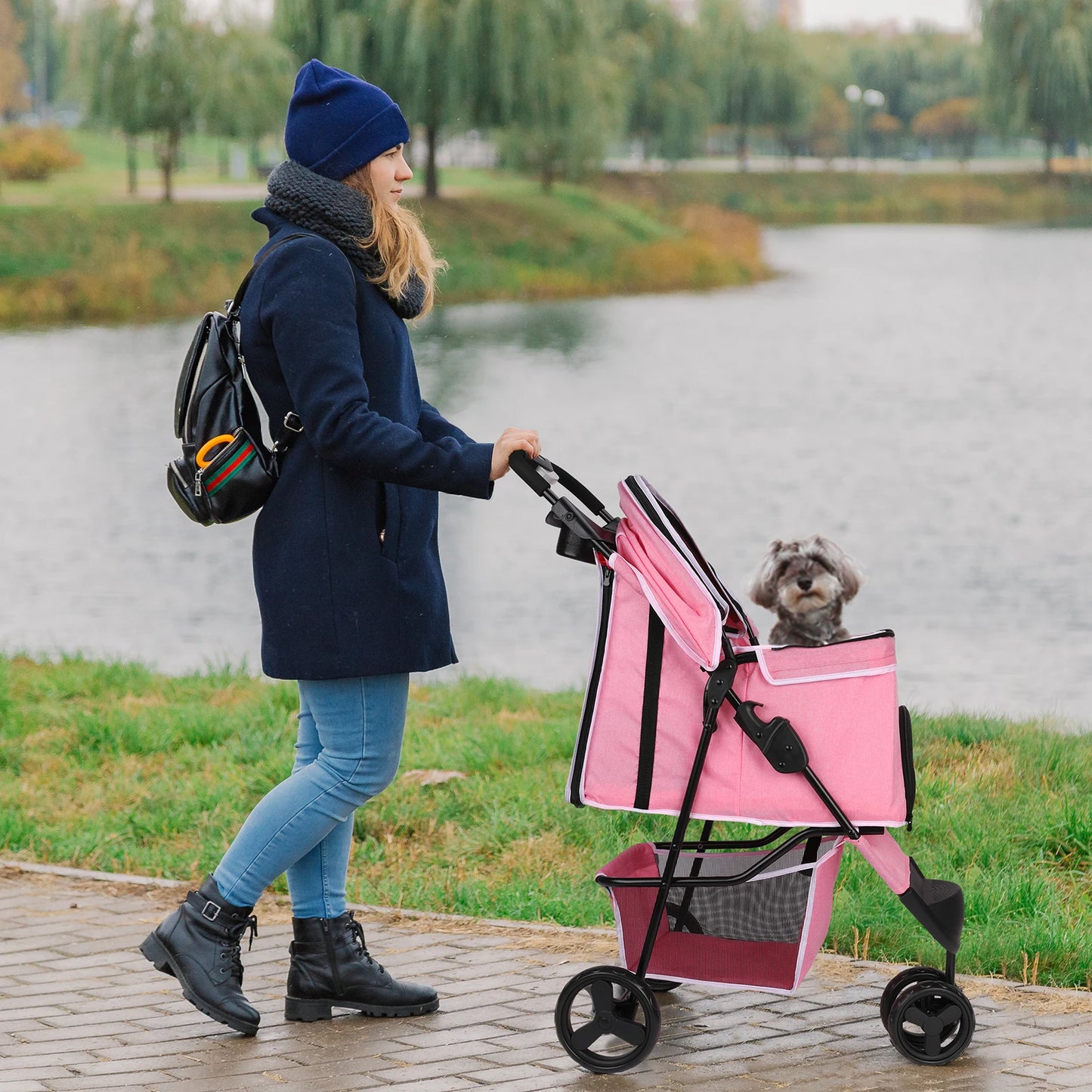Three-Wheel Folding Pet Stroller with Storage Basket